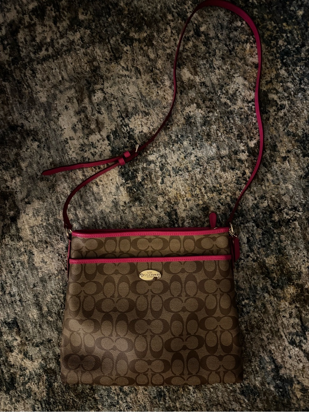 Coach Brown Signature Crossbody with Pink Trim